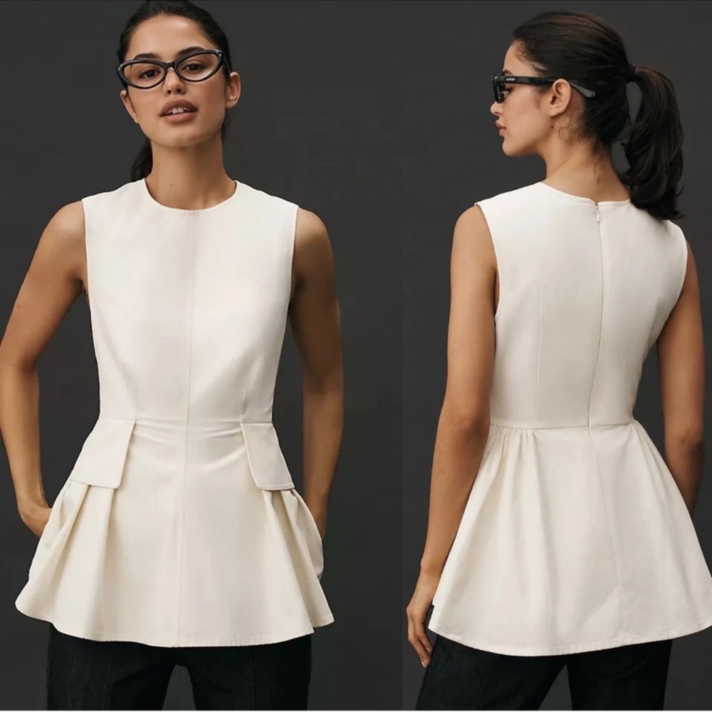 Anthropologie Ivory Sleeveless Pleated Peplum Top